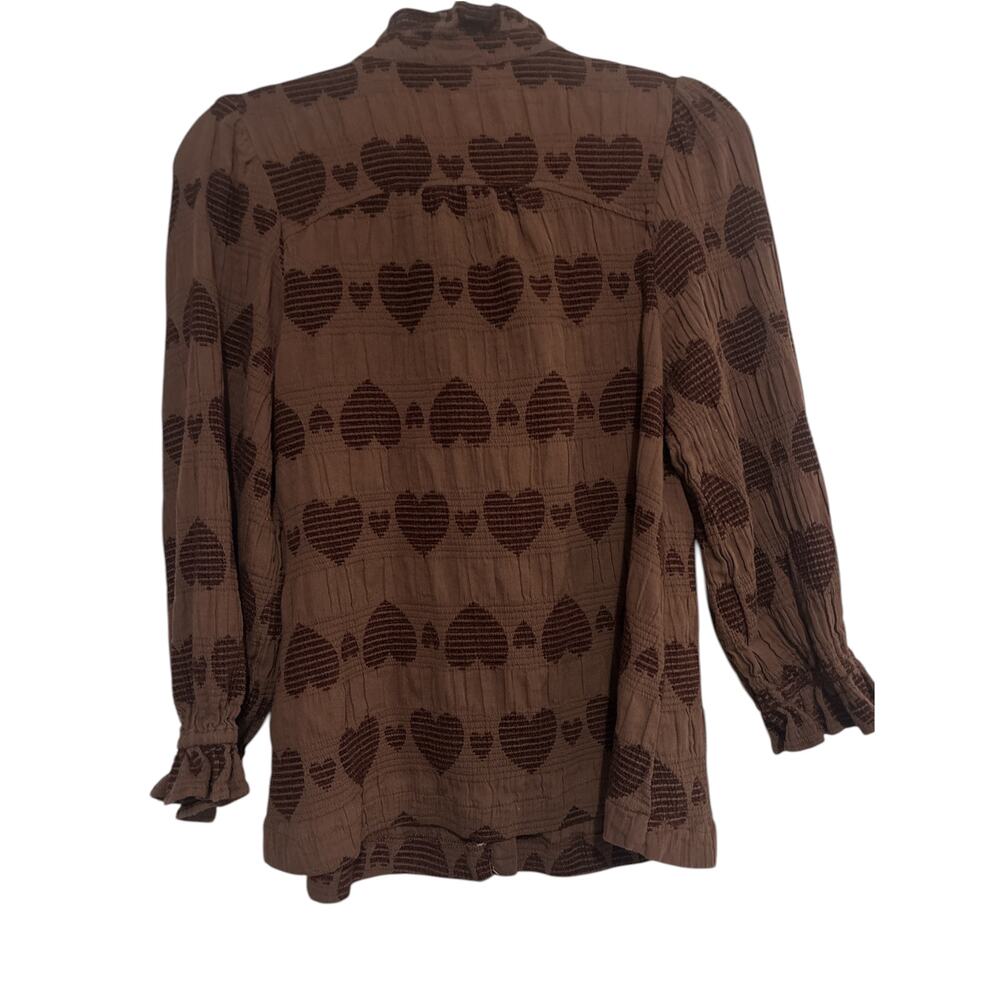 Umgee Brown Heart Embroidered Ruffle Button Up Top Women’s Large - Picture 3 of 5